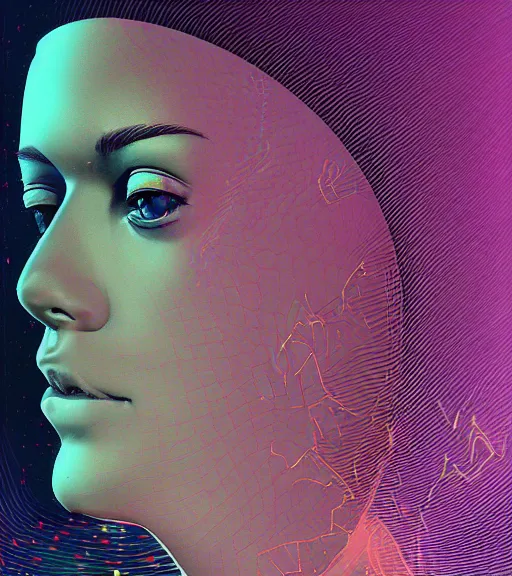 Prompt: hologram of a female face on a backdrop of data, Industrial Scifi, detailed illustration, character portrait, by Martin Grip and Moebius