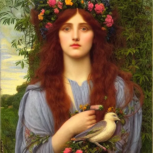 Prompt: Beautiful Pre-Raphaelite goddess of nature with a little bird sitting on top of her head, in the style of John William Godward, close-up portrait, head in focus, flowers and plants, etheric, moody, intricate, mystical,