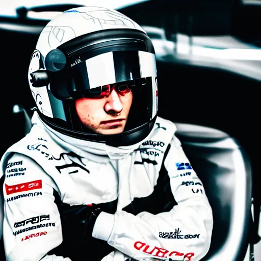 Image similar to cybernetic formula 1 driver, backlit, mirrors on background, glowing eyes, 5 0 mm bokeh,