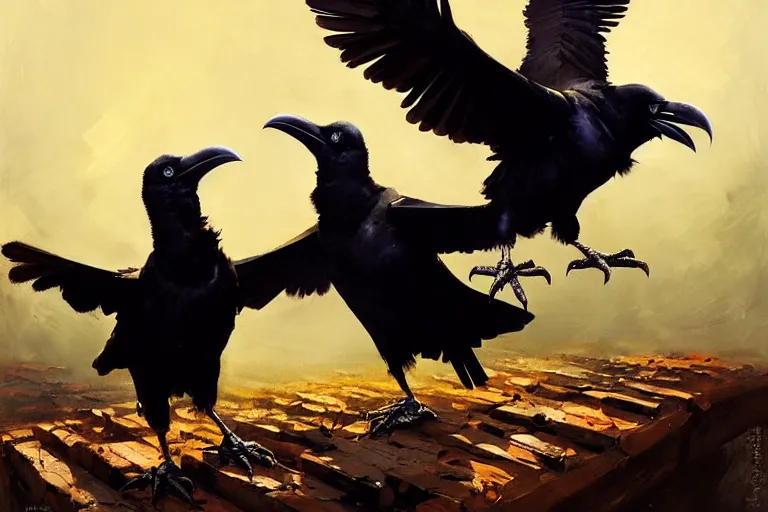 Image similar to raven birds expressively dancing by otto dix and greg rutkowski and andreas rocha, cinematic lighting, highly detailed, warm colours, 4 k