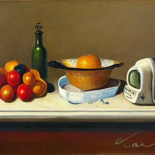 Prompt: A still life of a microwave, Gaspar Peeter, Max Carlier, ((oil)) painting, table, fruit bowl