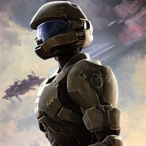 Prompt: ultra realistic portrait painting of elle fanning in halo odst, art by frank frazetta, 4 k, ultra realistic, highly detailed, epic lighting