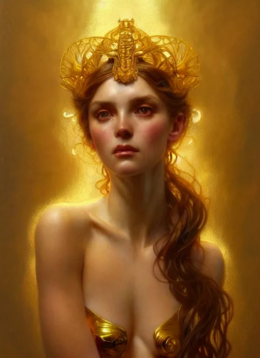 Image similar to Golden goddess, diffuse lighting, fantasy, intricate, elegant, highly detailed, lifelike, photorealistic, digital painting, artstation, illustration, concept art, smooth, sharp focus, art by John Collier and Albert Aublet and Krenz Cushart and Artem Demura and Alphonse Mucha