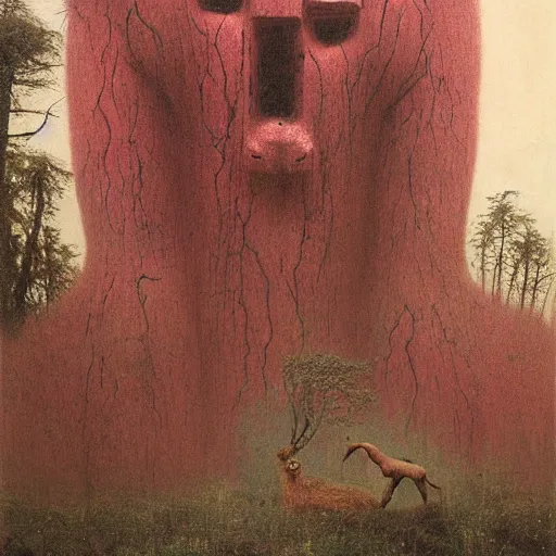 Image similar to giant pink god with a golden animal mask on a forest clearance surrounded by animals by Beksinski