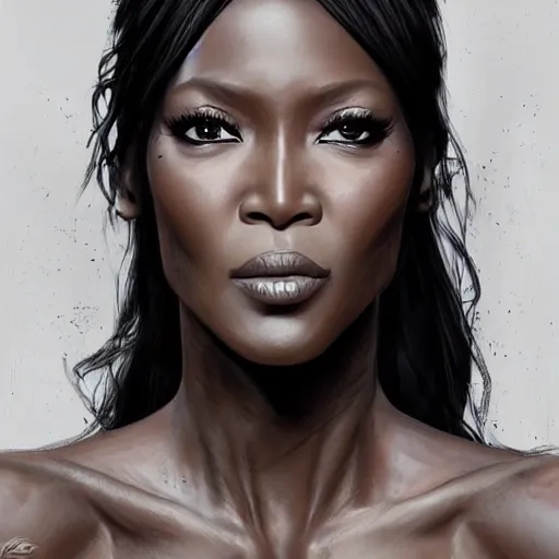 Image similar to beautiful, very strong, naomi campbell, middle aged, face, no makeup, no tattoos, warrior, battle hardened, head shot, fantasy, highly detailed, digital painting, artstation, concept art, smooth, sharp focus, illustration, art by jodie muir and brom