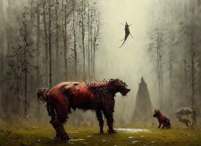 Image similar to annihilation art by jakub rozalski, surreal mythological painting by malczewski, legendary creature and animals heards,