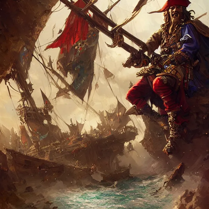 Image similar to pirate captain d & d, d & d style, trending on artstation, intricate, highly detailed, vivid painting, colorful, art by greg rutkowski