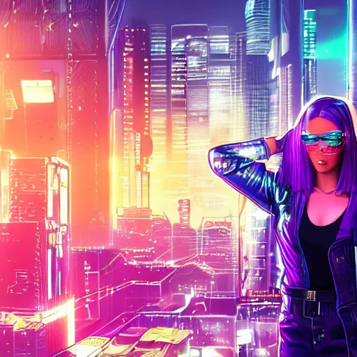 Prompt: book cover artwork of cyberpunk girl standing on a rooftop, wearing holographic glasses, short purple hair with undercut, realistic body shape. wearing leather jacket and black cargo pants. night time, neon cityscape background, large blimp in the distance. 8 k