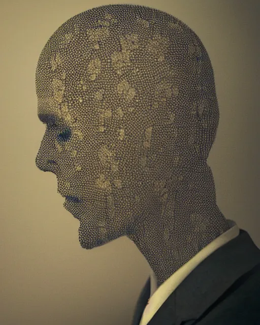 Prompt: a man's face in profile, made of intricate lace skeleton, in the style of the dutch masters and gregory crewdson, shot from drone, dark and moody