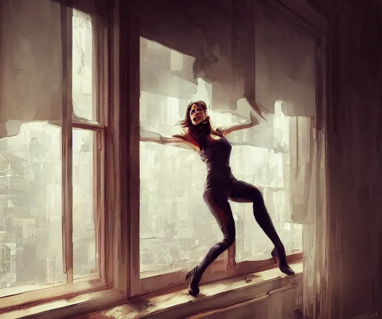 Image similar to window, woman, buildings, surprise, scared, couch by wlop, artgerm, greg rutkowski, expressive, dynamic pose, evocative, highly detailed