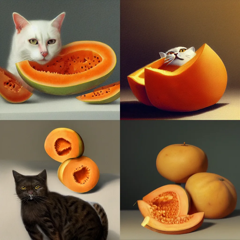 Prompt: cats with cantaloupe by george stubbs, artstation, textured, hdr