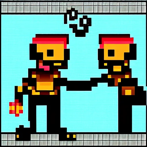 Prompt: a pixel - art image of a zombie high fiving a skeleton, the picture is colorful but with a black background
