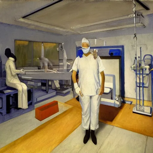 Prompt: A mixed media painting of a surgeon standing in an operating room, surrounded by new technology, infused with lightning, very aesthetic, curvy, surgical mask covering face, surgical gown and scrubs on, by Edward Hopper, Matisse, Picasso, CGsociety, full length, exquisite detail, post-processing, masterpiece, cinematic