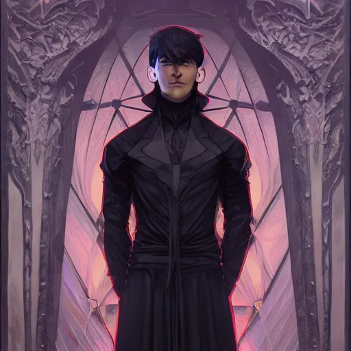 Prompt: character concept, full body, symmetrical, young man with black clothes. detailed, high quality, scnenematic, dynamic dark lightning, fantasy, scenematic. artwork by artgerm, wlop, alex ross, greg rutknowski, alphonse mucha