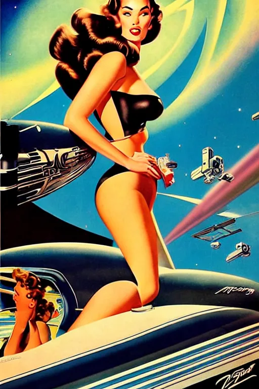 Prompt: beautiful retro space megan fox varga girl sitting on a space car in diesel punk city, windblown dark hair, retro pinup model, seductive, 1 9 4 0, glamour pose, intricate, smoke, hyper detailed, digital art, smooth, sharp focus, alberto vargas, gil elvgren, greg rutkowski, propaganda poster