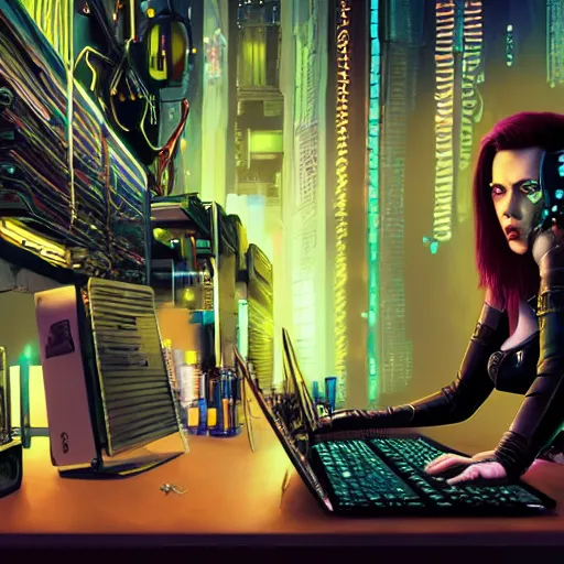 Prompt: cyberpunk goth girl scarlett johansson cyborg working on cyberpunk computer in cyberpunk farmers market by william barlowe and pascal blanche and tom bagshaw and elsa beskow and enki bilal and franklin booth, neon rainbow vivid colors smooth, liquid, curves, very fine high detail 3 5 mm lens photo 8 k resolution