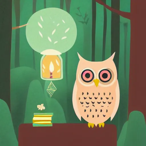 Prompt: a cute cartoon picture of an adorable owl of athena!! next to a a jar of fireflies! in the woods, a storybook illustration by arabella rankin and nyuju stumpy brown, behance contest winner, context art, storybook illustration, pop surrealism, nightscape, digital illustration