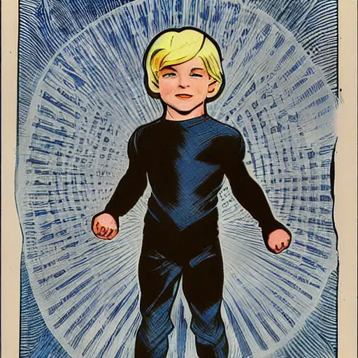 Prompt: a cute little boy with a mischievous face and blonde hair. he is dressed as a superhero. well composed, clean elegant painting, beautiful detailed face. comic book art by steve ditko and jack kirby and ( alphonse mucha )