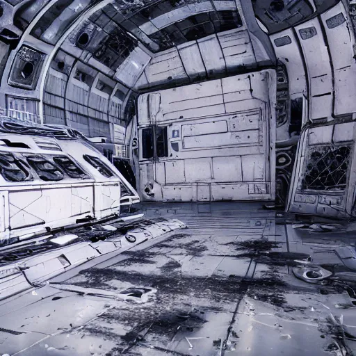 Image similar to arriving on a derelict space station, ominous, epic, clean and white, ominous, illustration, ink lines, accurate, weird, clean, minimal, 8k, octane render, where did everyone go, can see space outside