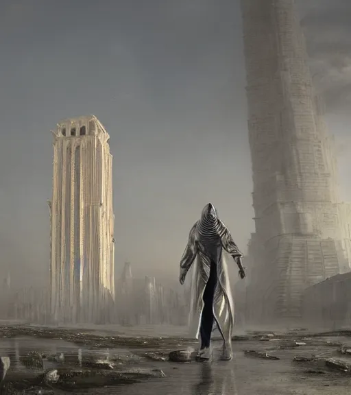 Image similar to tarkovsky greatest scene, aura of the ancient destroyed majestic tower of babylon, geometrieva in futuristic cyber clothing, transparent puffer jacket, hyperealistic, blockchain, cyber world, ambient lighting, concept art, intricate, hyper detailed, smooth, dynamic volumetric lighting, ocatane, ray trace, cinematic, high quality, cgsociety