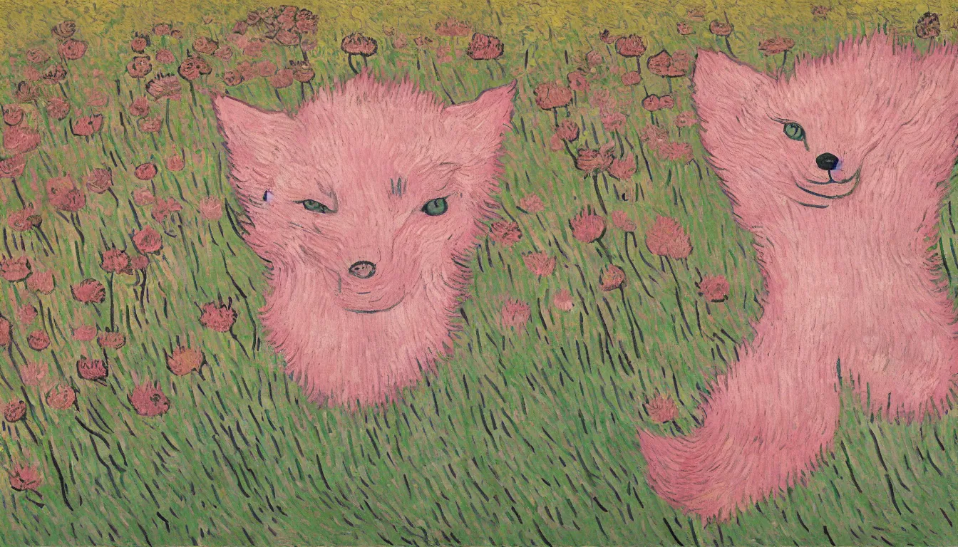 Image similar to pink fox head popping out of a field of flowers by Van Gogh, minimalist, detailed