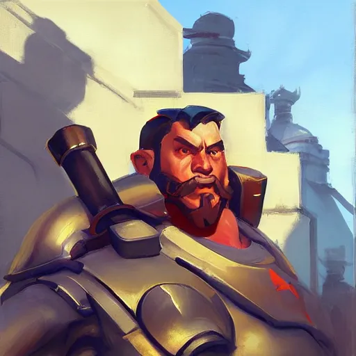 Image similar to greg manchess portrait painting of man - at - arms as overwatch character, medium shot, asymmetrical, profile picture, organic painting, sunny day, matte painting, bold shapes, hard edges, street art, trending on artstation, by huang guangjian and gil elvgren and sachin teng