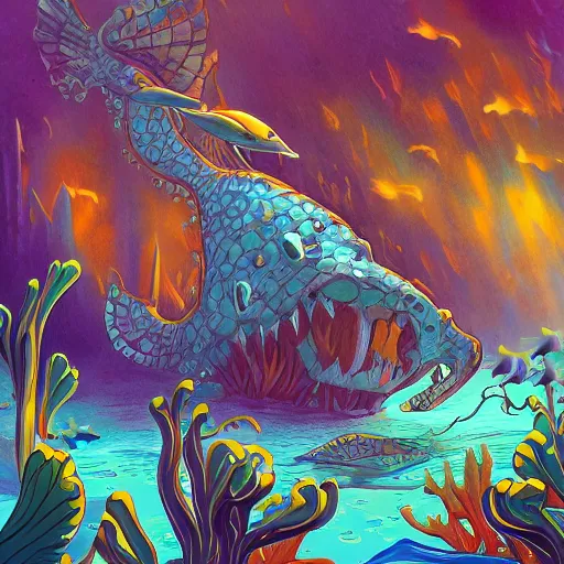 Prompt: underwater scene, d & d style, trending on artstation, colorful, intricate, art by aurore folny