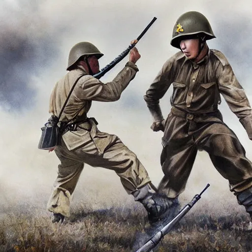 Prompt: World War Two Japanese soldier bayonet charging an American soldier, hyperrealistic, photo realistic, HD