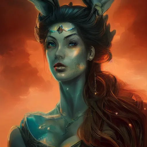 Image similar to A stunning comic book style portrait painting of a dragon goddess, wide view, in the style of WLOP, 8k masterpiece, cinematic lighting, pristine and clean design, high fantasy, insanely detailed, atmospheric,