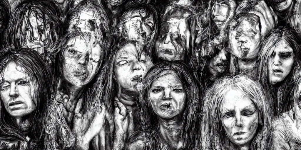 Image similar to Photorealistic people at woodstock 99 by H.R. Giger, KDA and Sam Yang, trending on artstation