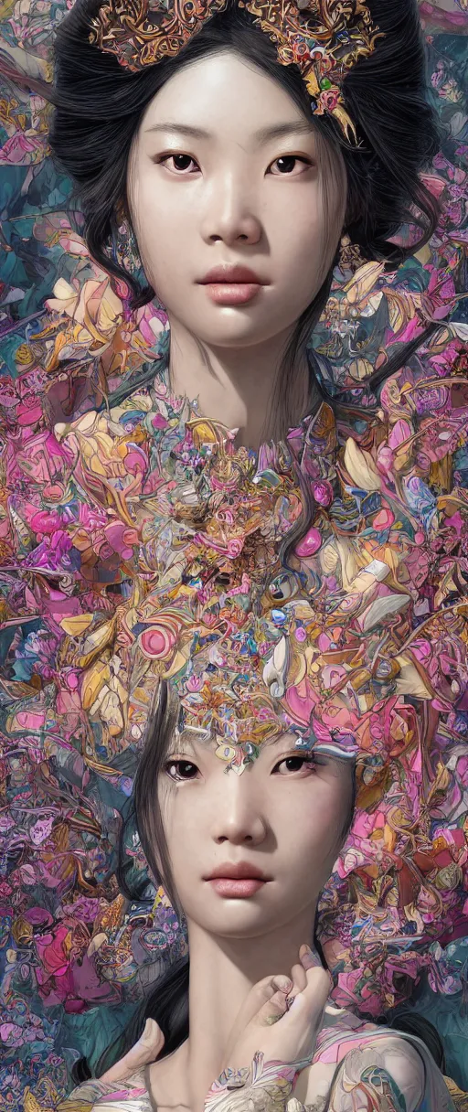 Image similar to the portrait of an absurdly beautiful, graceful, elegant, sophisticated, fashionable young asian girl with third eye, an ultrafine hyperdetailed illustration by kim jung gi, irakli nadar, intricate linework, bright colors, final fantasy, unreal engine 5 highly rendered, global illumination, radiant light, detailed and intricate environment