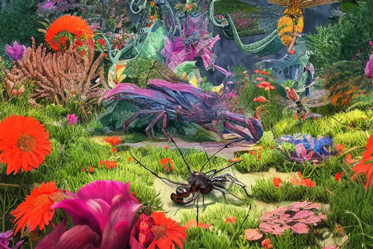 Prompt: super detailed color art, a lot of small garden flowers, A multiverse of insects, spiders and dragonflies, unreal engine, wes anderson color palette, 3d render, colorful, digital art