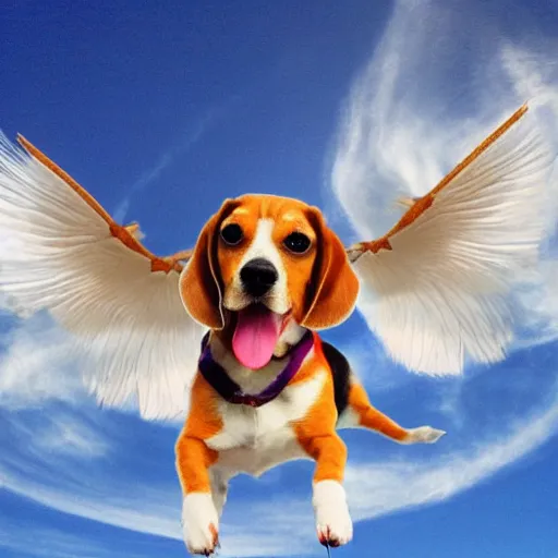 Image similar to a beagle flying in the sky using it's ears as wings, warm colors, cute