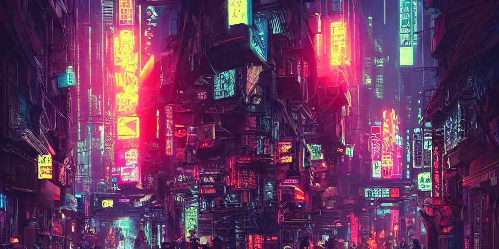 Image similar to bustling neon cyberpunk street, nighttime!!, illustrated by ricardo bofill, greg rutkowski, and amano yoshitaka, trending on artstation, golden ratio!!!, centered!!!, unsplash!!!!, cgsociety contest winner, zbrush!!!, 4 k, 8 k