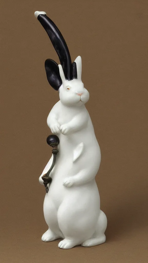 Prompt: a porcelain rabbit statue with a japanese kiseru pipe painted by john singer sargent