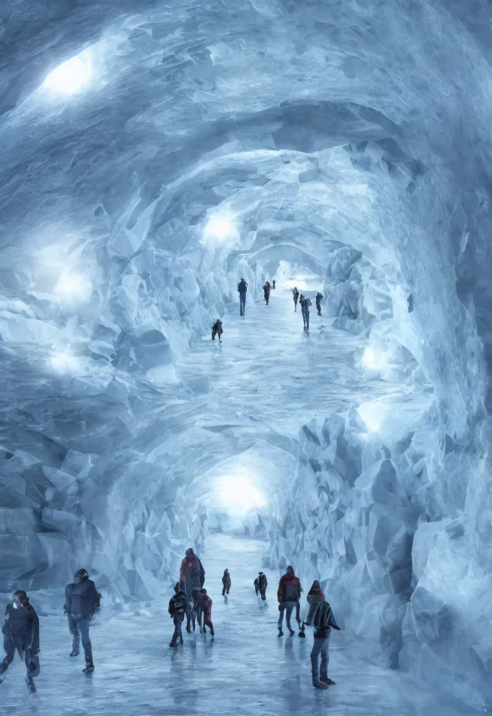 Image similar to Multiple connecting ice tunnels in antartica, multiple people moving around the tunnels, facinating and imposing, fantasy digital art, octane render, beautiful composition, trending on artstation, award-winning photograph, masterpiece