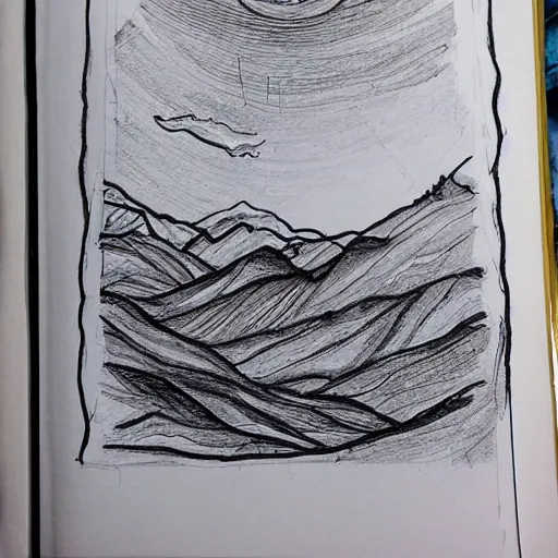 Image similar to a black pen sketch of a martian landscape, beginner, intermediate art, anatomy, paper art