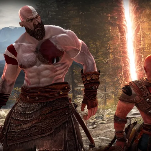 Prompt: screenshot of the game God of War with Kratos and Walter White standing next to eachother