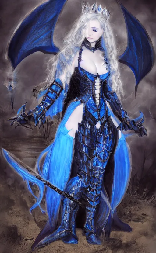 Prompt: Gothic princess in dark and blue dragon armor. By William-Adolphe Bouguerea, highly_detailded