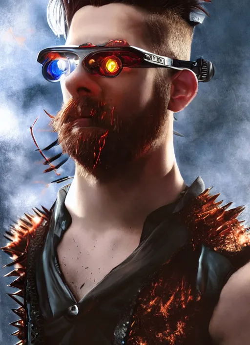 Image similar to An epic fantasy comic book style portrait painting of young man with red spiked long hair, using an steampunk googles. Wearing a black waistcoat, white shirt. Fire on his hands. Unreal 5, DAZ, hyperrealistic, octane render, cosplay, RPG portrait, dynamic lighting