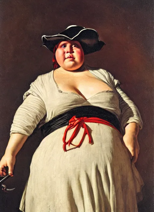 Image similar to close - up portrait of a morbidly obese female pirate with two peglegs and two hook hands, detailed dynamic light painting by albrecht anker