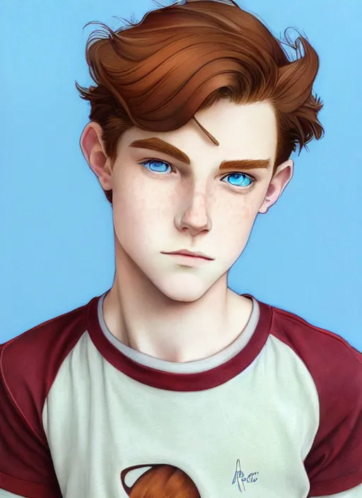 Image similar to art nouveau portrait of a teen boy with completely straight auburn hair, light blue eyes, pale skin, freckles, sad expression, t - shirt, modern casual clothing, natural lighting, path traced, highly detailed, high quality, cartoon, digital painting, by don bluth and ross tran and studio ghibli