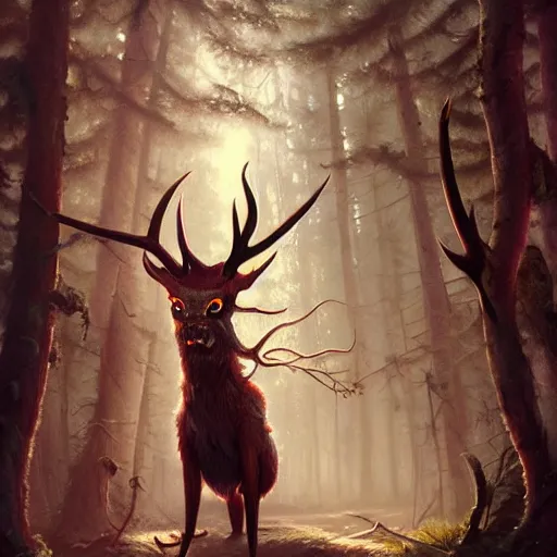 Image similar to highly detailed creepy forest creature with antlers, stephen bliss, unreal engine, fantasy art by greg rutkowski, loish, rhads, ferdinand knab, makoto shinkai and lois van baarle, ilya kuvshinov, rossdraws, tom bagshaw, global illumination, radiant light, detailed and intricate environment