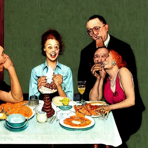 Image similar to happy polyamorous family of two men and two women around the breakfast table. flamingo wallpaper behind them by norman rockwell and larry flynt, high color, detailed,