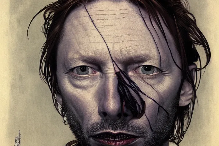 Prompt: hyper realistic portrait of thom yorke mixed with david bowie, bigger forehead, bigger chin, from the side, by lee bermejo, alphonse mucha and greg rutkowski