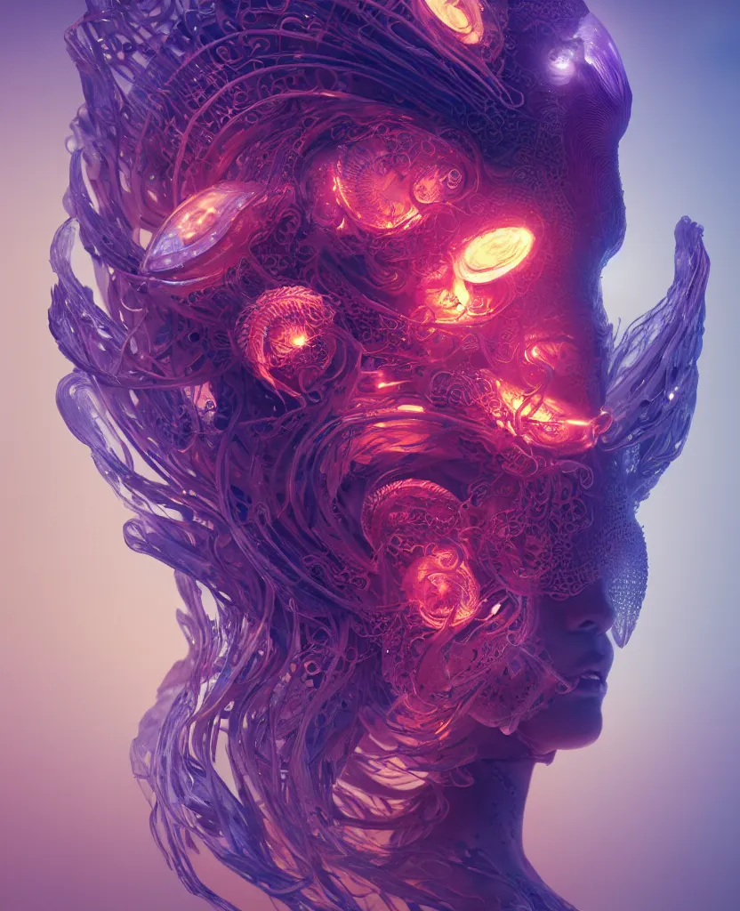 Image similar to goddess close-up face portrait. chimera orchid jellyfish phoenix head, nautilus, skull, betta fish, bioluminiscent creatures, intricate artwork by Tooth Wu and wlop and beeple. octane render, trending on artstation, greg rutkowski very coherent symmetrical artwork. cinematic, hyper realism, high detail, octane render, 8k