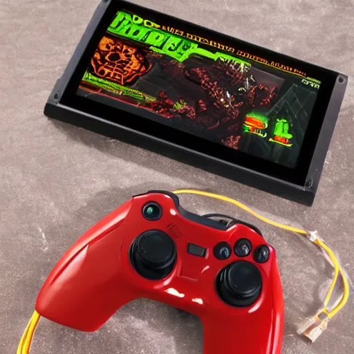 Prompt: product photo of an id Software Doom plug-and-play game controller