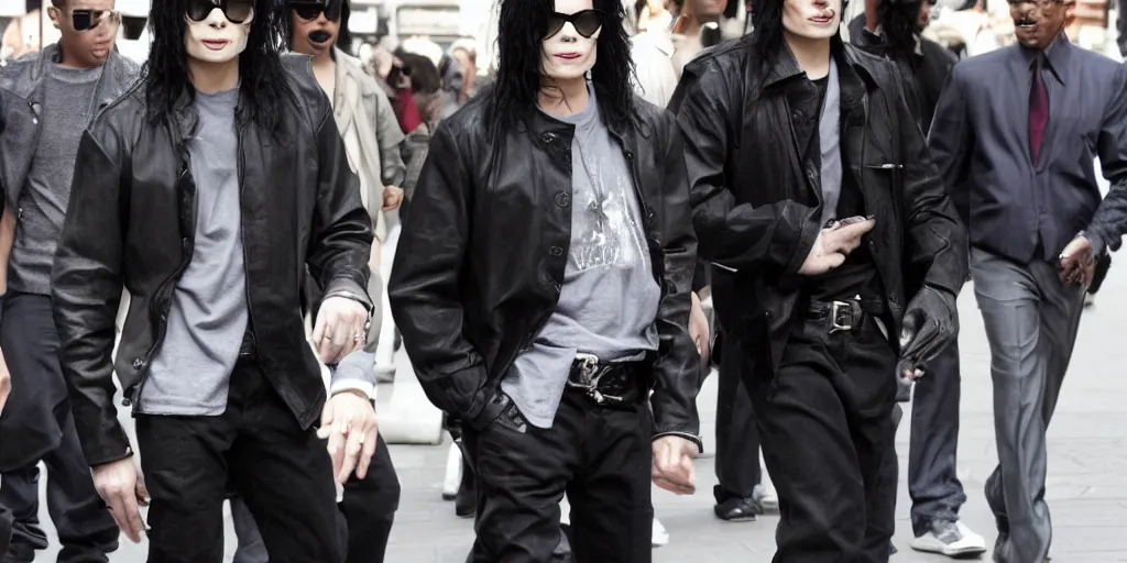 Image similar to michael jackson 2 0 0 9 wearing shades, alone, this is it style, photo real, pores, motion blur, spotted with body guards in london, by himself, real life, spotted, ultra realistic face, accurate, 4 k, movie still, uhd, sharp, detailed, cinematic, render, modern