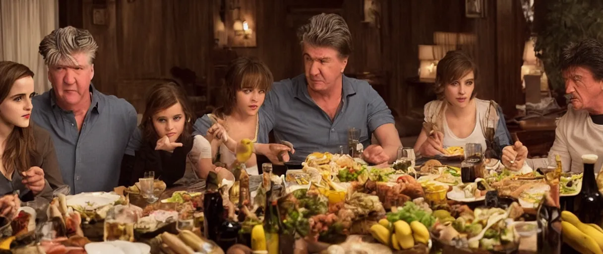 Prompt: photo of family dinner emma watson, david lynch, sylvester stallone, eating bananas, realistic, detailed, emma watson, artsation 4 k