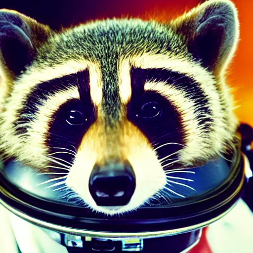 Prompt: photo of racoon wearing a space helmet, cinestill, 800t, 35mm, full-HD